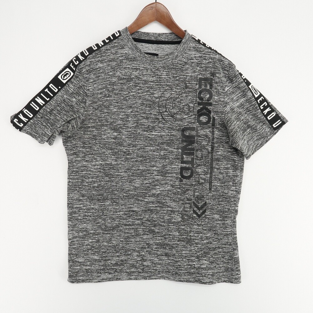 Ecko Unltd. Graphic T-Shirt Heather Gray Short Sleeve Logo‎ Tape Mens Size M